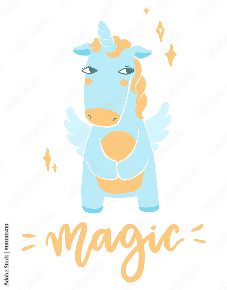 Fototapeta premium Scandinavian style hand drawn unicorn with magic lettering. Vector funny illustration with fairytale animal and calligraphic phrase.