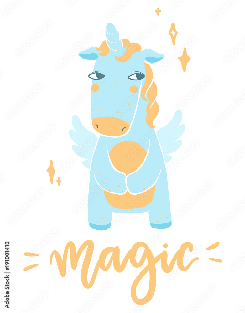 Scandinavian style hand drawn unicorn with magic lettering. Vector funny illustration with fairytale animal and calligraphic phrase. Scandinavian style hand drawn unicorn with magic lettering. Vector funny illustration with fairytale animal and calligraphic phrase.