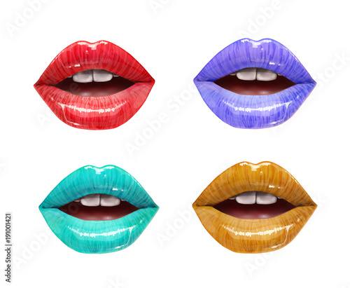Colorful lips collection. Mouth set isolared on white background. Vector lipstick or lip gloss 3d realistic illustration.