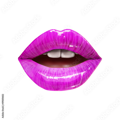 Purple sexy juicy lips collection. Vector lipstick or lip gloss 3d realistic illustration.