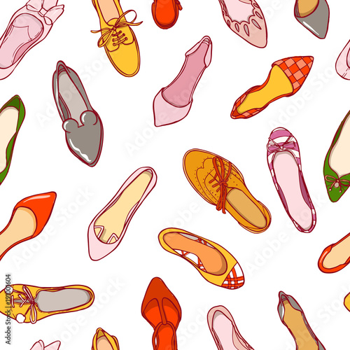 Seamless pattern of woman shoes. Vector colorful background of footwear collection.