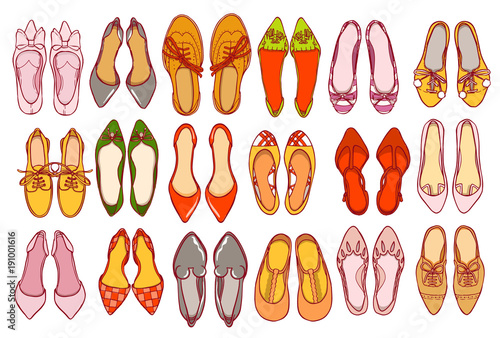 Woman shoes set. Vector colorful collection of girl's footwear.