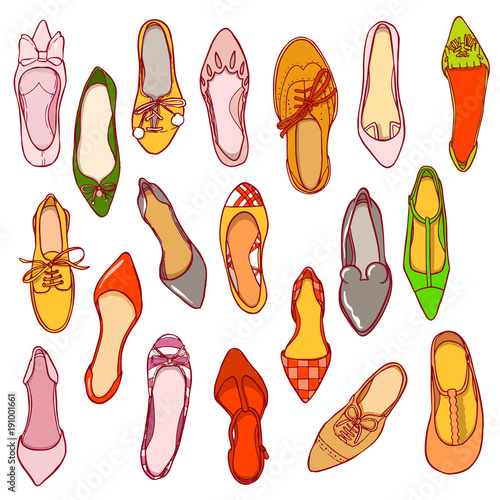 Woman shoes pattern. Vector texture of different footwear.