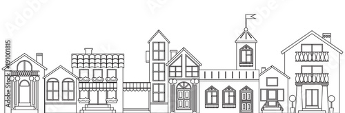 Old european town contour. Vector isolated houses outline illustration.
