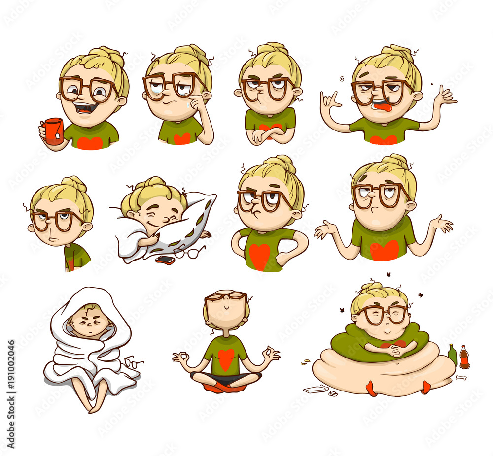 Funny emotional girl stickers set. Vector collection of cartoon emoticons. Funny emotional girl stickers set. Vector collection of cartoon emoticons.