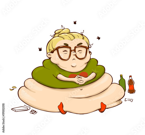 Funny lazy cartoon girl. Vector isolated fat person sticker.