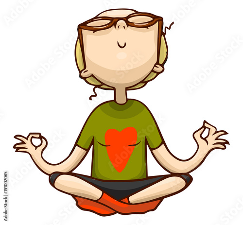 Cute cartoon girl meditation in lotus position. Vector isolated colorful yoga girl illustration.