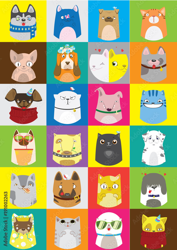 Cute dogs and cats set. Vector colorful pattern of pets.