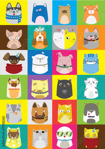 Cute dogs and cats set. Vector colorful pattern of pets.