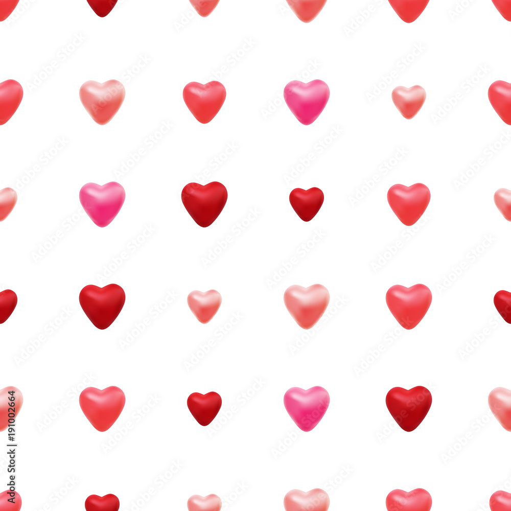 Seamless pattern of 3d hearts isolated on white. Vector love background. Valentines day design