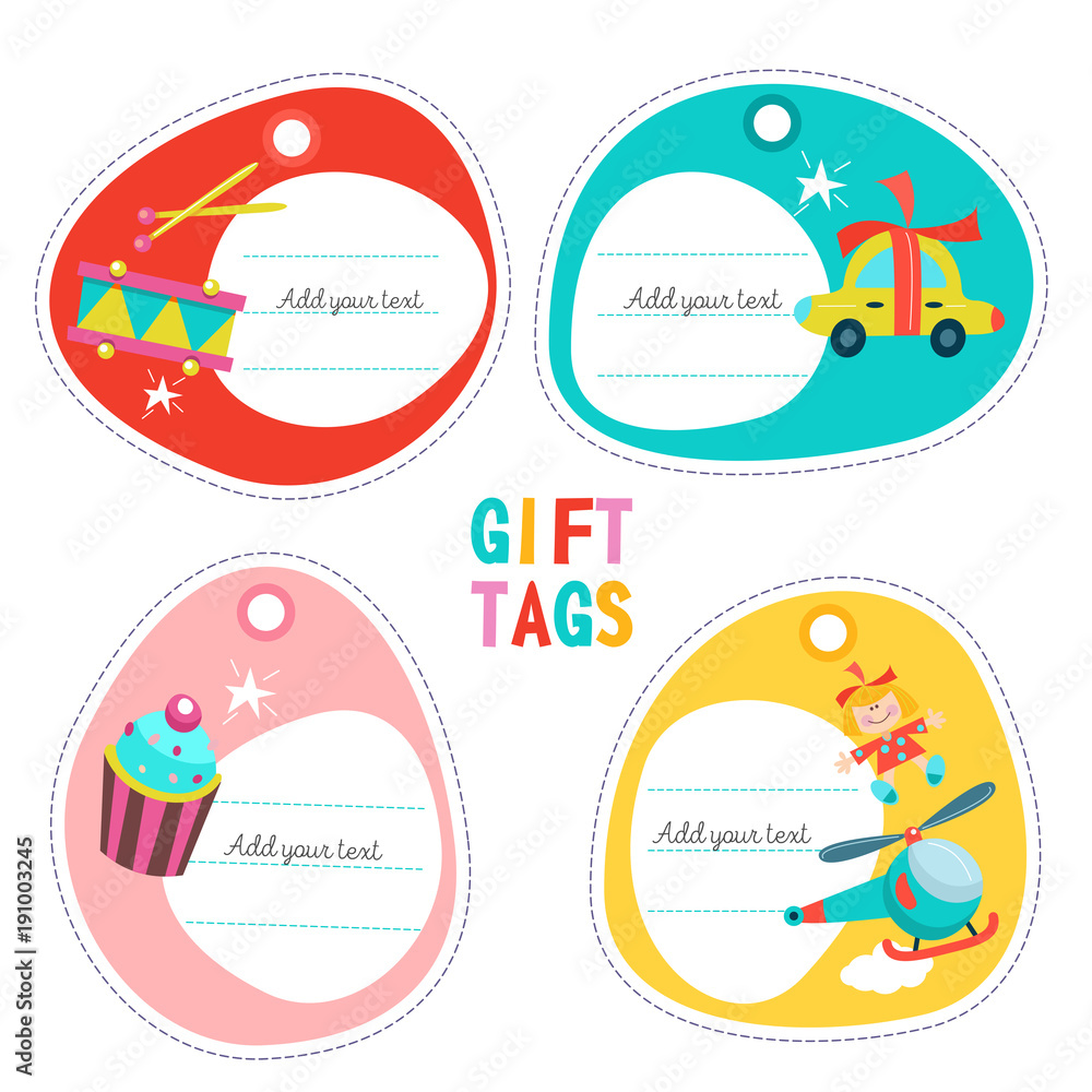 The set of tags, labels. Childrens toys. Drum, cake with a candle, doll, car, helicopter. Vector illustration.