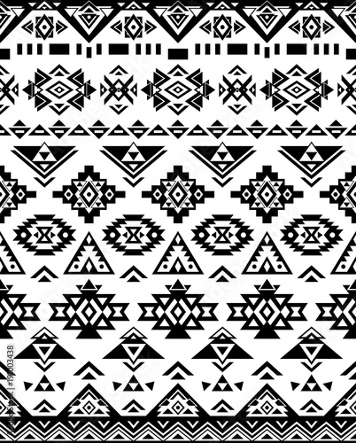 Ethnic pattern design. Seamless pattern. Navajo geometric print. Rustic decorative ornament. Abstract geometric pattern. Native American pattern. Black and white colors
