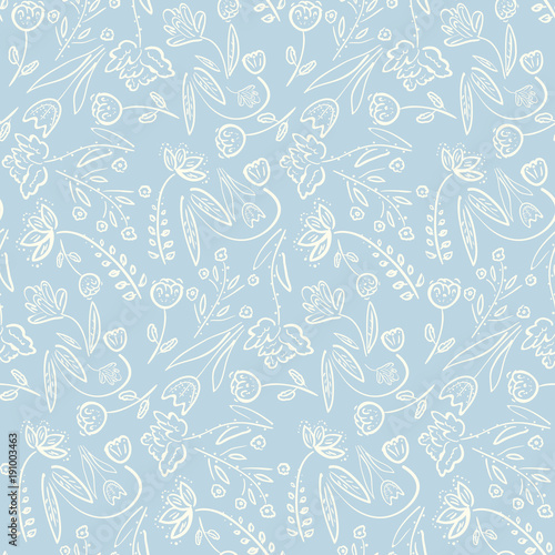 Tender blue spring linear hand drawn floral seamless pattern. Romantic white meadow flowers on blue background texture for textile, wrapping paper, cover, surface, wallpaper