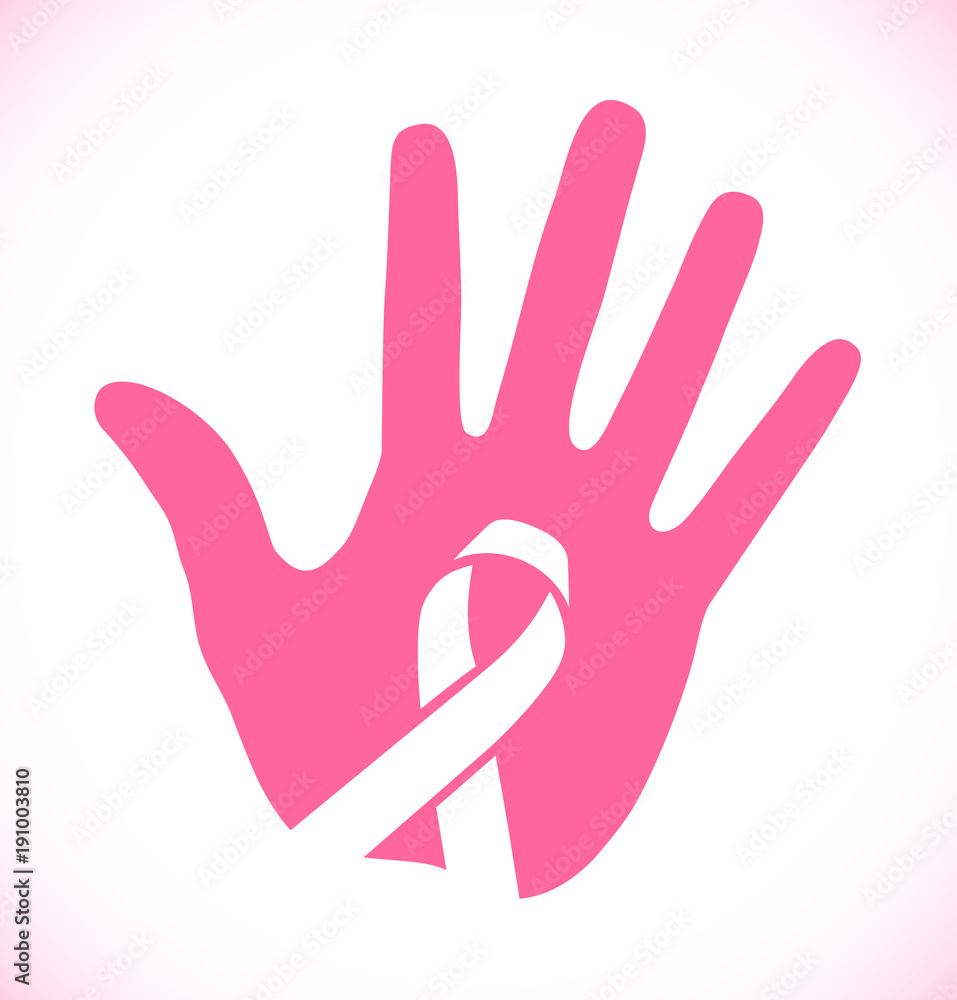 Breast cancer awareness logo, hand print and pink ribbon icon. Vector illustration. Breast cancer awareness logo, hand print and pink ribbon icon. Vector illustration.