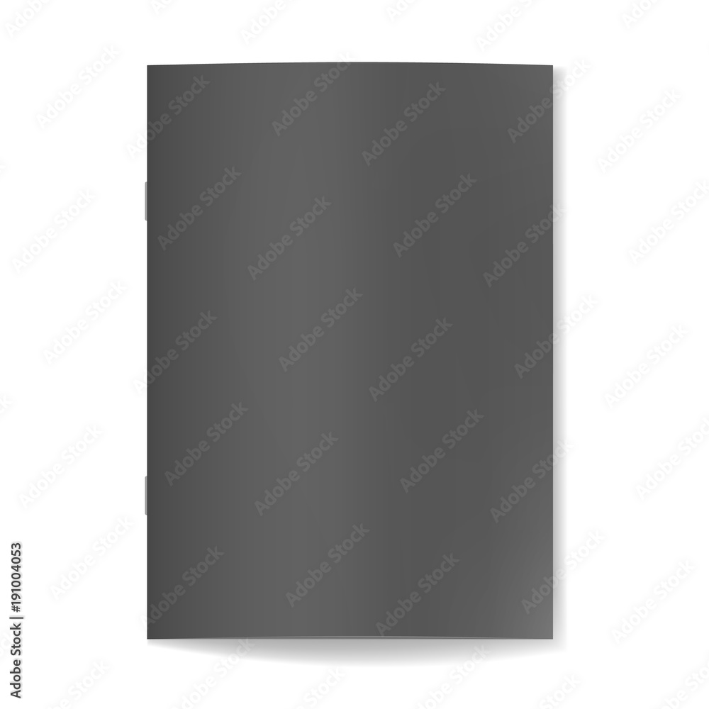 Vector realistic black closed book, journal or notebook on staple mockup with sheet of A4. Blank gray front or cover page of sketchbook or notepad template for catalog, brochure design