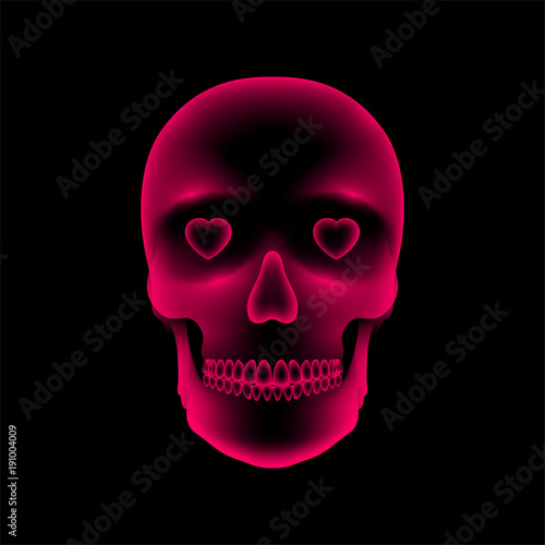 Skull X-ray with Heart eye symbol  love concept design  front view illustration pink color isolated glow in the dark background  with copy space