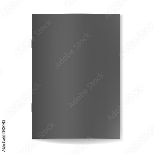 Vector realistic black closed book, journal or notebook on staple mockup with sheet of A4. Blank gray front or cover page of sketchbook or notepad template for catalog, brochure design