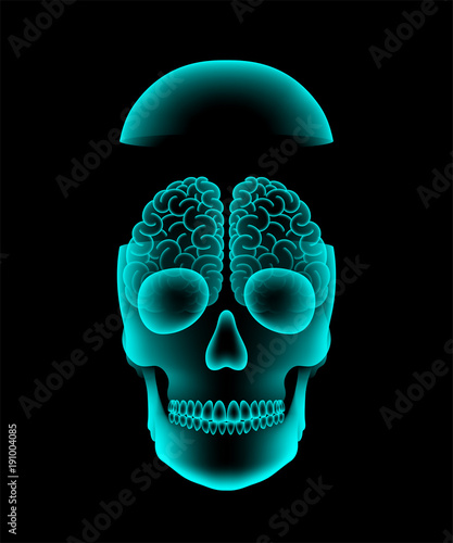 Skull open X-ray with Brain concept design, front view illustration isolated glow in the dark background, with copy space