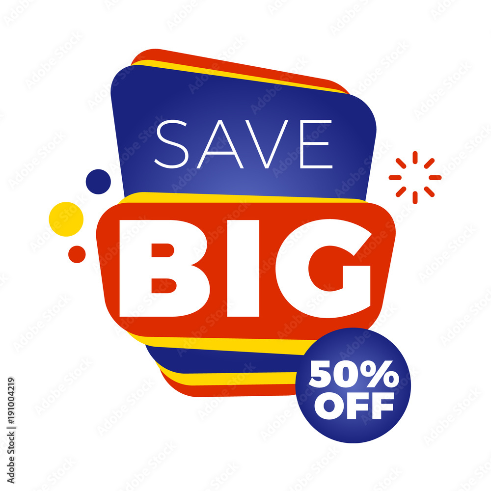 Sale bunner template. Vector design element for your promotion. Red, yellow and blue color theme. Rounded speech bubble
