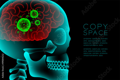 Skull X-ray with Microscope Disease cells in Brain concept design, side view illustration isolated glow in the dark background, with copy space