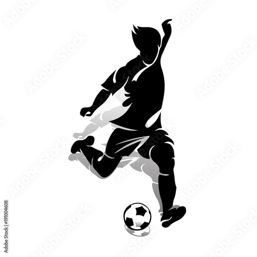 Silhouette of an athlete soccer player with a ball, makes a punch, on a white background,