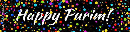 Happy Purim Vector Web Banner. Carnival colorful rainbow colors paper confetti frame isolated on black background.  Birthday template. Purim Jewish holiday.