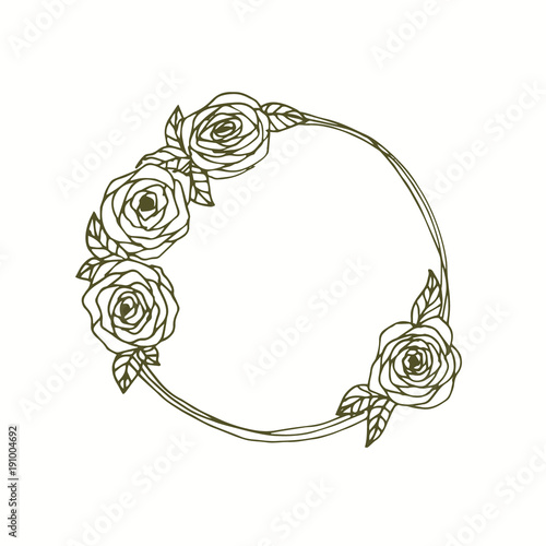 English roses monogram wreath hand drawn line art.