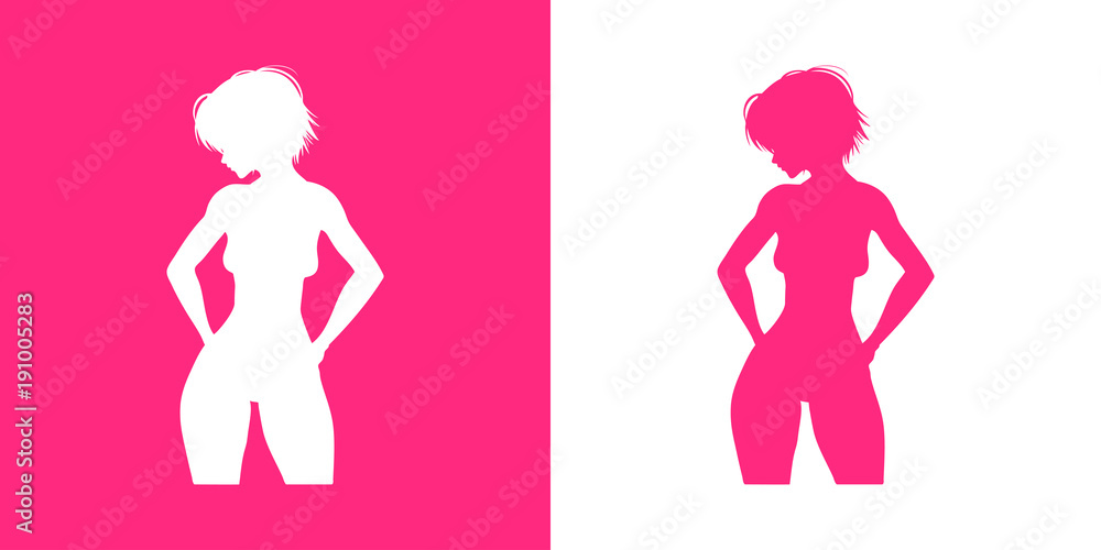 Icono plano silueta chica desnuda de pie rosa y blanco Icono plano silueta chica desnuda de pie rosa y blanco