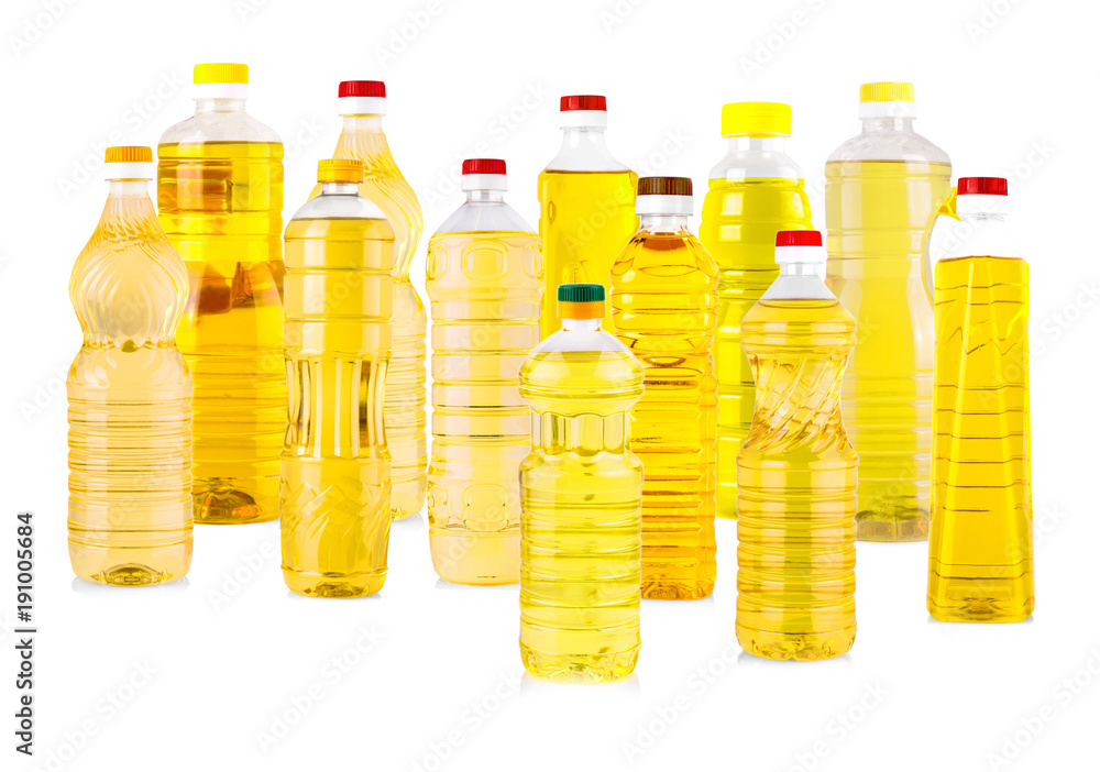 Set of Bottles of sunflower oil isolated on white background. Set of Bottles of sunflower oil isolated on white background.