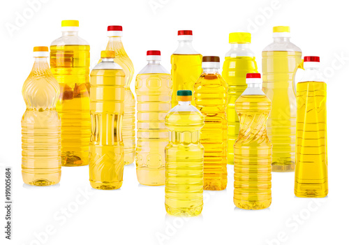 Set of Bottles of sunflower oil isolated on white background.