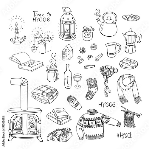 Vector illustration. Hand-drawn set of hygge doodles. photo