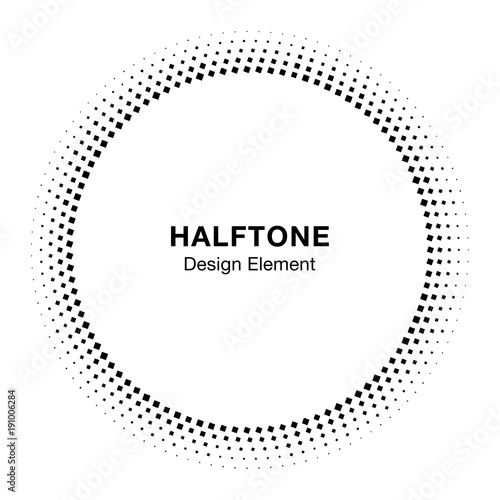 Black Abstract Circle Frame Halftone Dots Logo Design Element for medical treatment, cosmetic. Circle Border Icon halftone square dot vector elements. Halftone circle emblem. Vector illustration