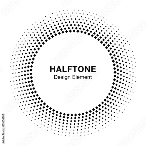 Black Abstract Circle Frame Halftone Dots Logo Design Element for medical treatment, cosmetic. Circle Border Icon halftone square dot vector elements. Halftone circle emblem. Vector illustration