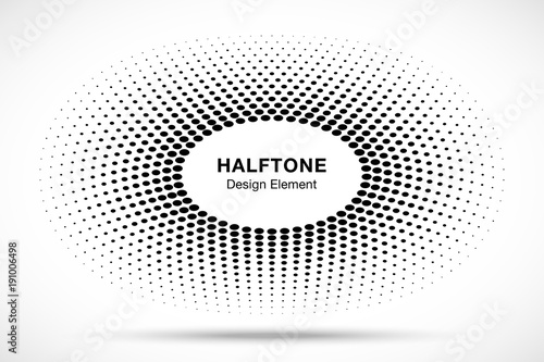 Black Abstract Oval Frame Halftone Circle Dots Logo Design Element for medical treatment, cosmetic. Circle Border Icon halftone round dot vector elements. Halftone circle emblem. Vector illustration.