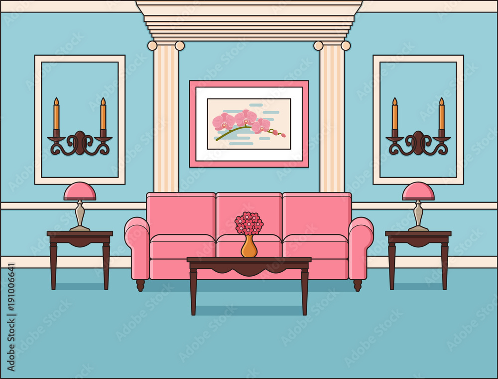 Room interior. Living room in flat design. Vector. Outline background in  blue. Home space and furniture in line art Cartoon house equipment in  pastel colors Linear illustration Parlor in classic style Stock