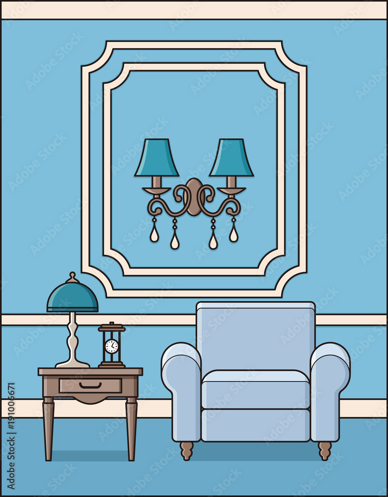 Room with armchair. Vector. Living room interior in classic style. Parlor  in flat design. Outline background in blue. Home furniture in line art. Cartoon  house in pastel colors. Linear illustration. Stock Vector |