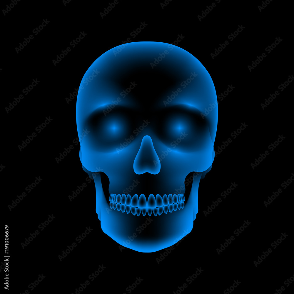 Fototapeta premium Skull X-ray concept design illustration blue color isolated glow in the dark background, with copy space