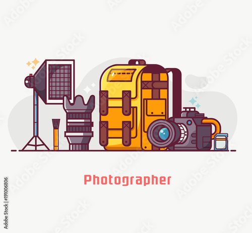 Digital photography lifestyle with professional photographer equipment. Such as camera, lens, softbox, cleaning kit and photo bag. Photostudio concept banner in flat design.
