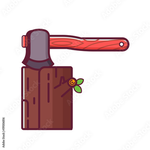 Axe stuck in wood. Chopping firewood icon. Hatchet and log in flat design.