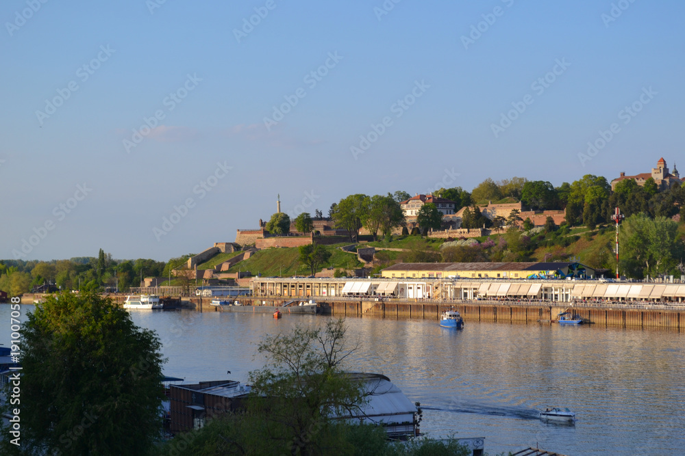 Ships on the Sava River. The fortress  Kalemegdan in the background