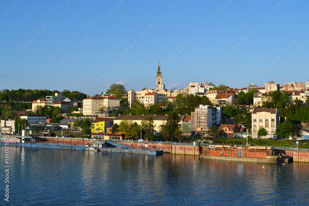 Belgrade on the bank of the Sava River. Ships on the river bank. Serbia
