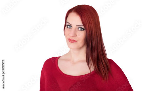 Red hair woman isolated on white a background © SasaStock