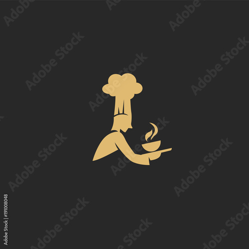 golden chef with hat and hot soup bowl logo vector illustration
