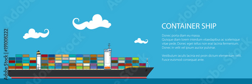 Banner with Cargo Container Ship , Industrial Marine Vessel with Containers on Board and Text, International Freight Transportation, Vector Illustration