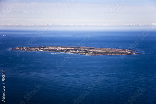 Aerial view of Robben Island in Cape Town, where former South African president, Nelson Mandela was held as a political prisoner for 27 years.