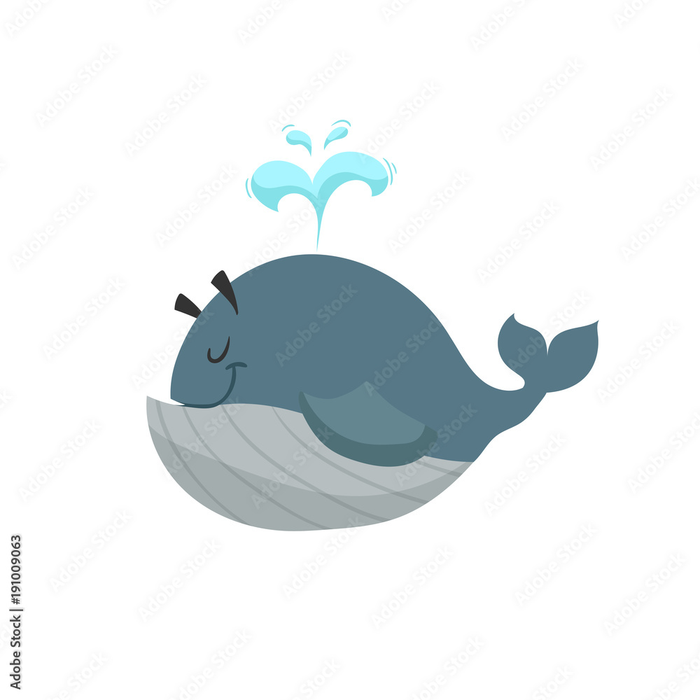 Cartoon trendy design blue whale with fountain mascot. Sea and ocean icon vector illustration. Cheerful and closed eyes animal.