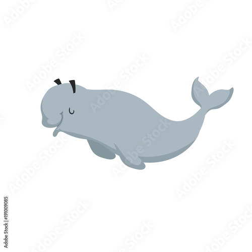 Cartoon beluga whale. Trendy design flat icon of polar white whale. Cheerful and closed eyes. Wildlife vector illustration.