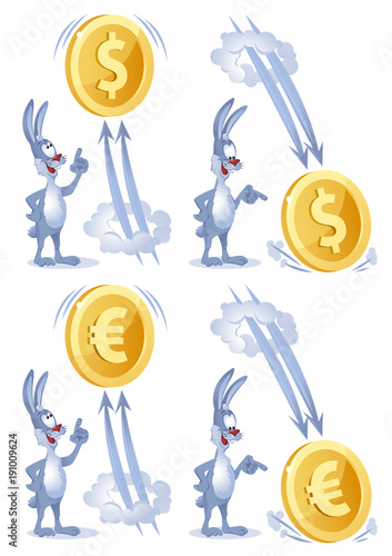 Funny rabbit watches as dollar and euro soars up and falls down. Cartoon styled vector illustration. Elements is grouped. Isolated on white. No transparent objects.
