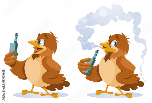 Sparrow vaper. Funny Sparrow found an electronic cigarette. Cartoon styled vector illustration. Elements is grouped. On white background. No transparent objects.