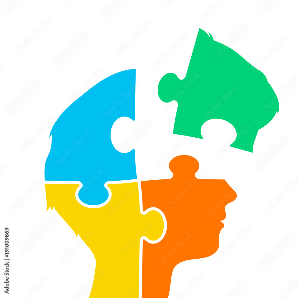 Head of a woman made of four jigsaw puzzle pieces Head of a woman made of four jigsaw puzzle pieces